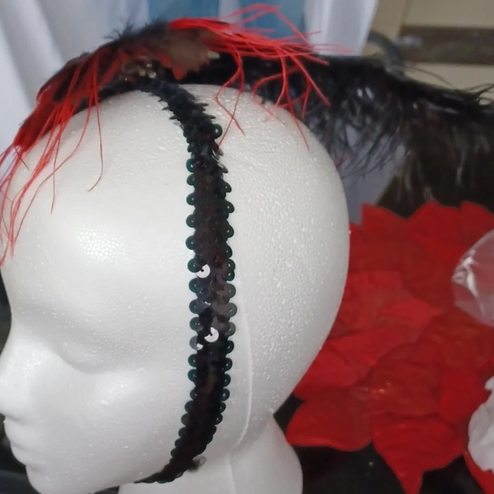 Vintage Fascinator Hat for Women Feather Black & Red, 2 pc